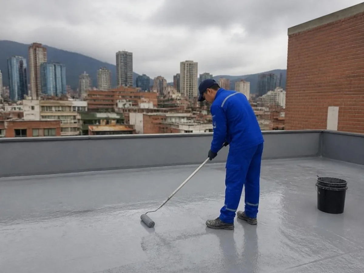 Técnico aplicando impermeabilizante en terraza en Bogotá